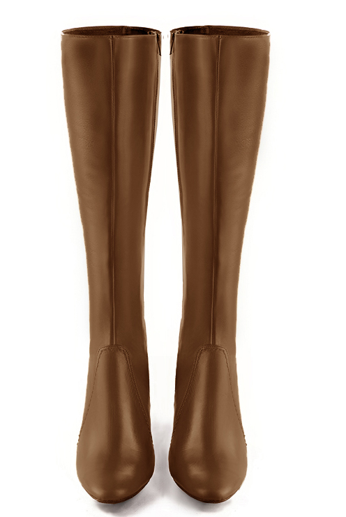 Caramel brown women's feminine knee-high boots. Round toe. High block heels. Made to measure. Top view - Florence KOOIJMAN